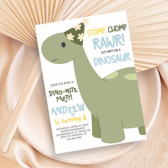 Dinosaur Stomp Chomp Rawr Birthday Party Invitation (Dinosaur Birthday Party Invitation)