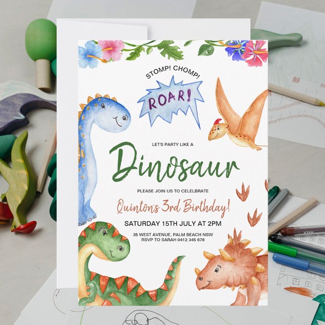 Dinosaur Stomp Chomp Rawr Birthday Party Invitation (Creator Uploaded)