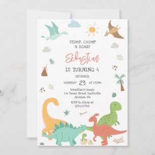 Dinosaur Stomp Chomp Roar Birthday Party  Invitation