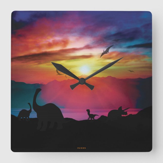 Dinosaur Sunset Square Wall Clock (Front)