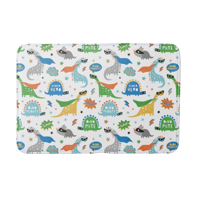 Dinosaur superhero's in bright colours bath mat (Front)