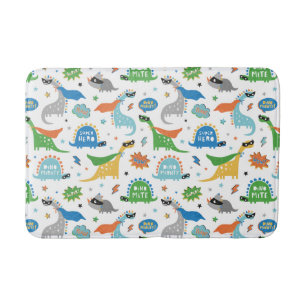 Dinosaur superhero's with name in bright colors bath mat