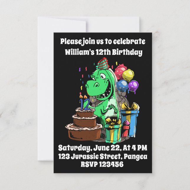 Dinosaur, T Rex, 12th Bday, Birthday Party Invitation (Front)