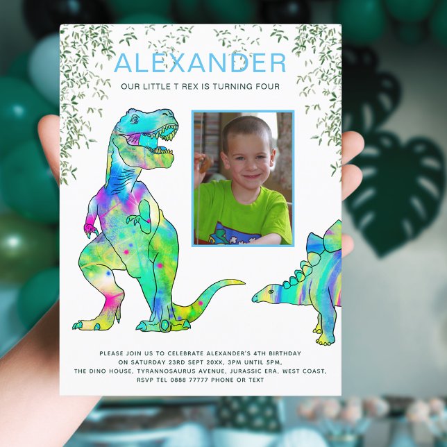 Dinosaur T-Rex 4th Birthday Party Budget Invitation Postcard (Dinosaur T-Rex 4th birthday party budget postcard invitation with photo template colorful dinos)