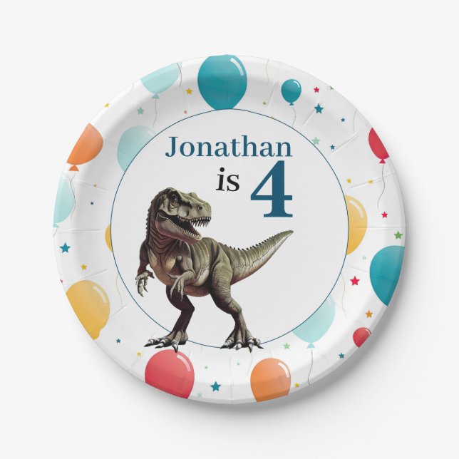 Dinosaur T Rex Birthday Blue Paper Plate (Front)