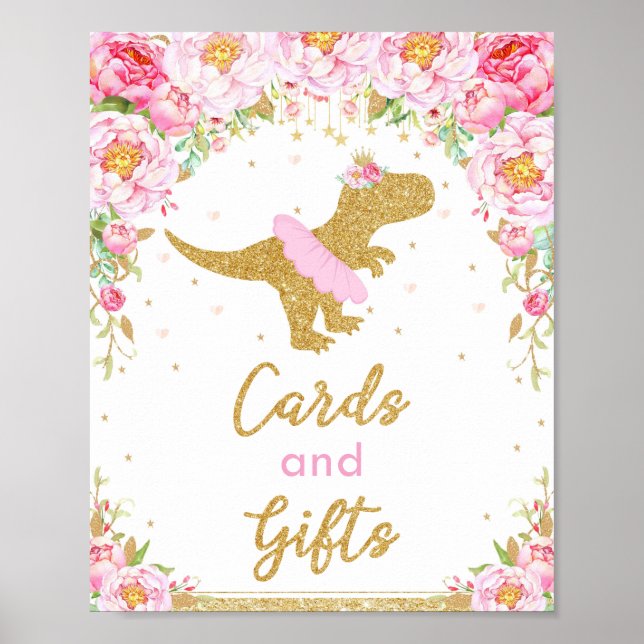 Dinosaur T-Rex Birthday Party Floral Cards Gifts Poster (Front)