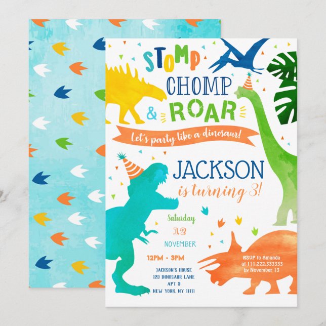 Dinosaur T-rex Birthday Party Invitations (Front/Back)