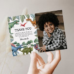 Dinosaur T-Rex Birthday Photo Thank You Card<br><div class="desc">Jurassic birthday thank you card featuring a plain black backdrop,  a sweet photo of your child,  jungle green foliage,  a collection of watercolor dinosaurs,  and a modern personalized thank you template that is easy to customize.</div>