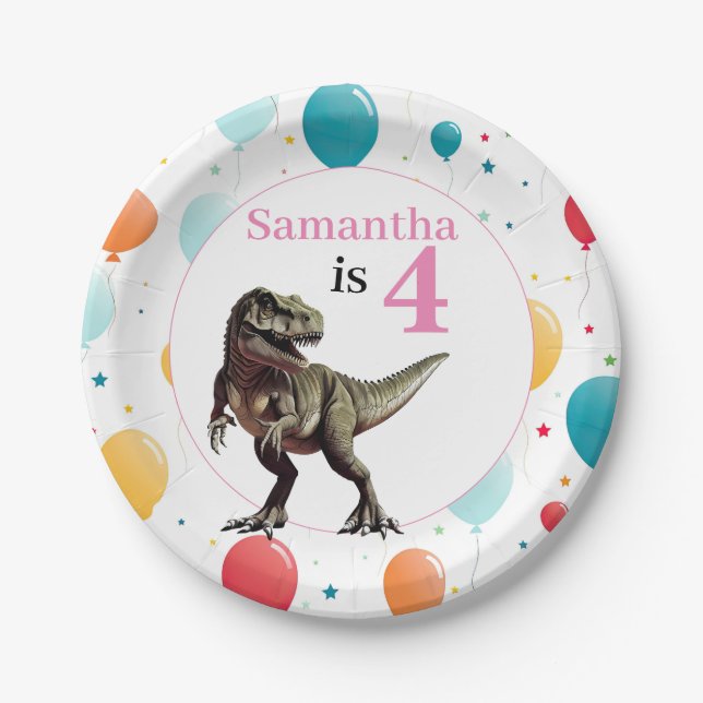 Dinosaur T Rex Birthday Pink Paper Plate (Front)