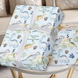 Dinosaur T rex Blue Boy Birthday Name Wrapping Paper