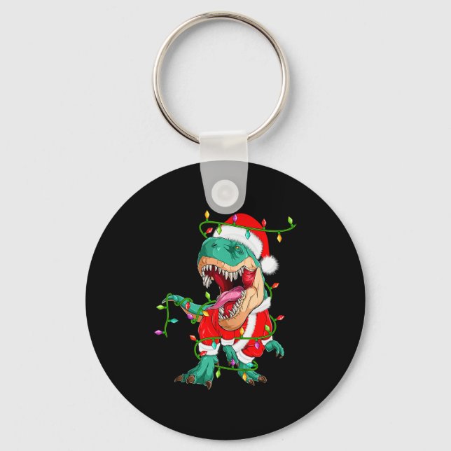 Dinosaur T-rex Christmas Lights Funny Santa Cute A Keychain (Front)