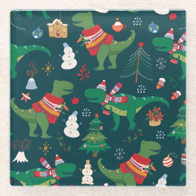 Dinosaur T-Rex: Christmas New Year. Glass Coaster (Front)