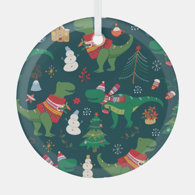 Dinosaur T-Rex: Christmas New Year. Glass Ornament (Front)