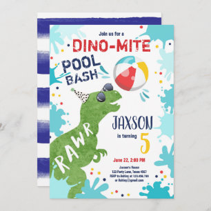 Dinosaur T-Rex Dino Mite Pool Bash Boy Blue Party Invitation