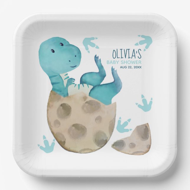 Dinosaur T-Rex Egg Hatching Boy Baby Shower Paper Plate (Front)