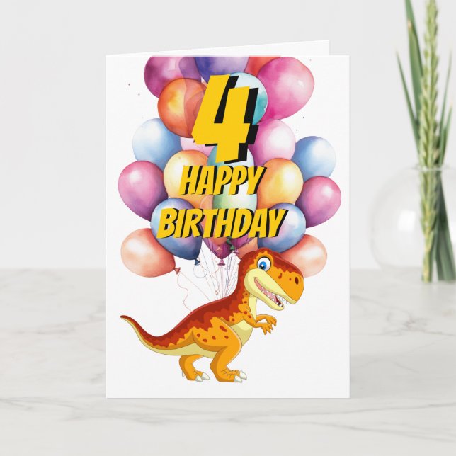 Dinosaur T Rex Gold 4th  Birthday Balloons Card (Front)