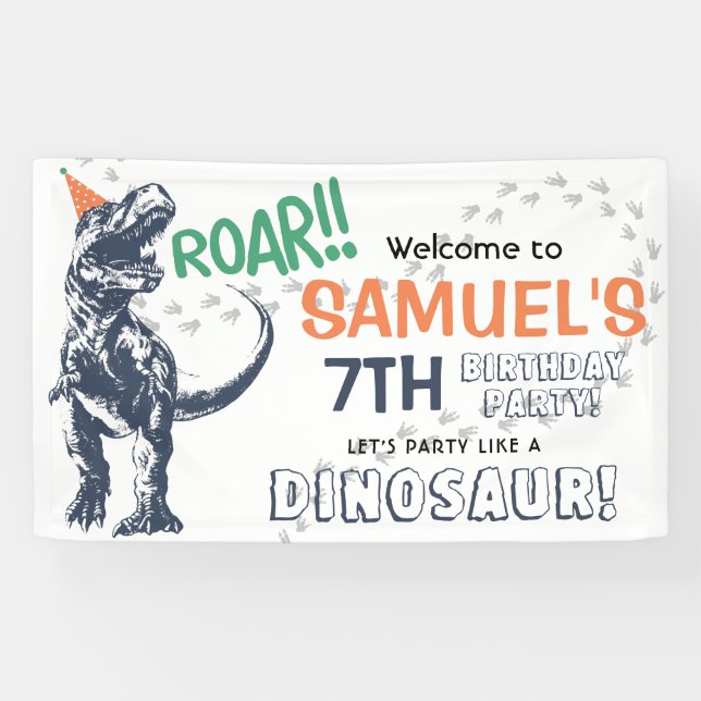 Dinosaur T-Rex in Party Hat Birthday Party Banner (Horizontal)