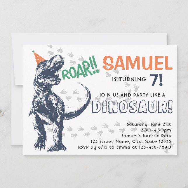 Dinosaur T-Rex in Party Hat Birthday Party Invitation (Front)