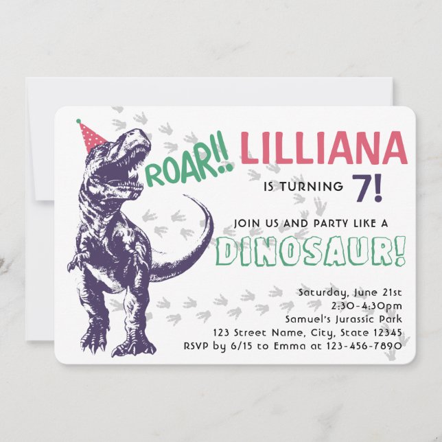 Dinosaur T-Rex in Party Hat Pink & Purple Birthday Invitation (Front)