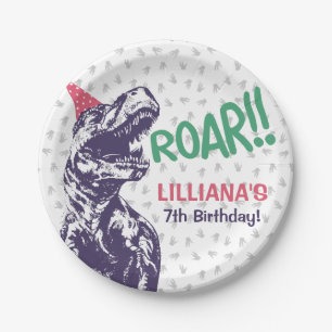 Dinosaur T-Rex in Party Hat Pink & Purple Birthday Paper Plate