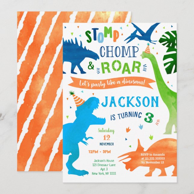 Dinosaur T-rex Invitations de fête d'anniversaire (Devant / Derrière)