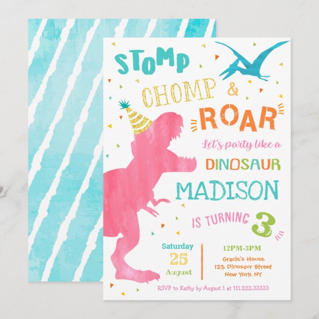 Dinosaur T-Rex Invitations pour la fête d'annivers (Devant / Derrière)