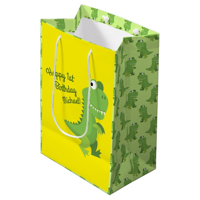 Dinosaur T-rex Kids 1st Birthday Dino Party Medium Gift Bag (Front Angled)