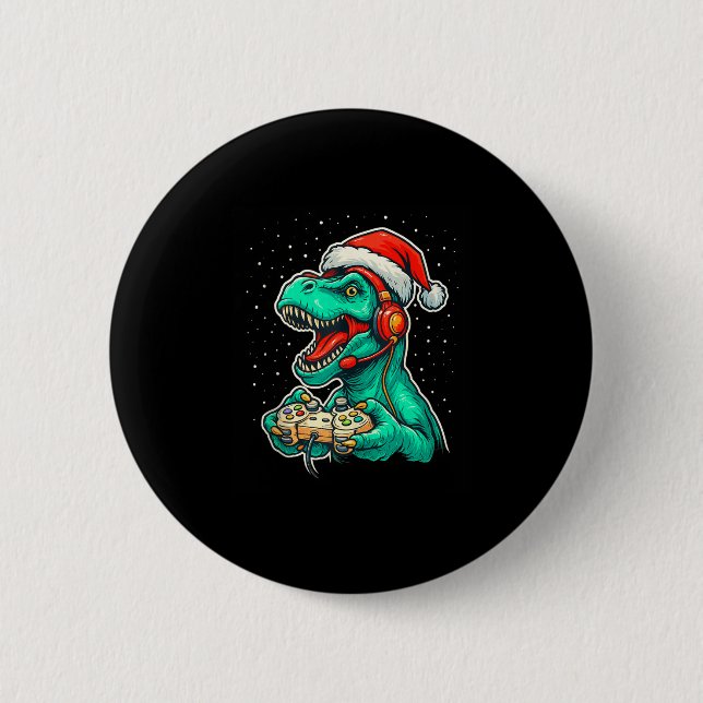 Dinosaur T Rex Playing Video Game Santa Hat Christ 2 Inch Round Button (Front)
