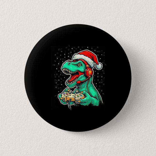 Dinosaur T Rex Playing Video Game Santa Hat Christ 2 Inch Round Button (Front)