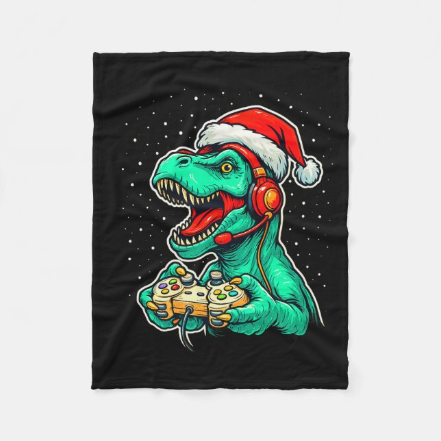 Dinosaur T Rex Playing Video Game Santa Hat Christ Fleece Blanket (Front)