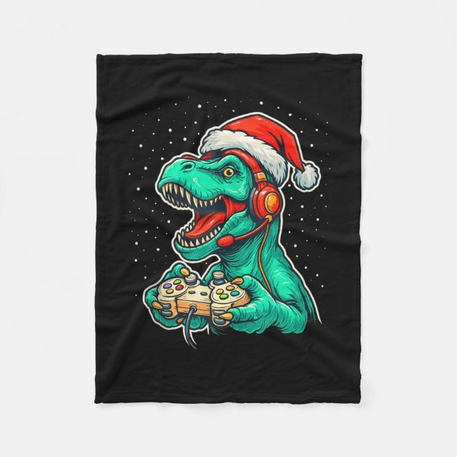Dinosaur T Rex Playing Video Game Santa Hat Christ Fleece Blanket (Front)