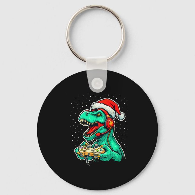 Dinosaur T Rex Playing Video Game Santa Hat Christ Keychain (Front)