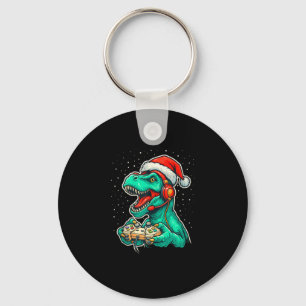 Dinosaur T Rex Playing Video Game Santa Hat Christ Keychain