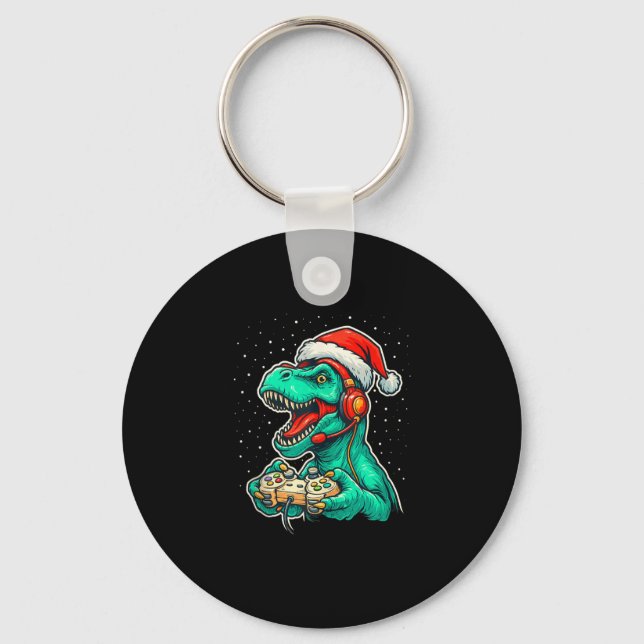 Dinosaur T Rex Playing Video Game Santa Hat Christ Keychain (Front)