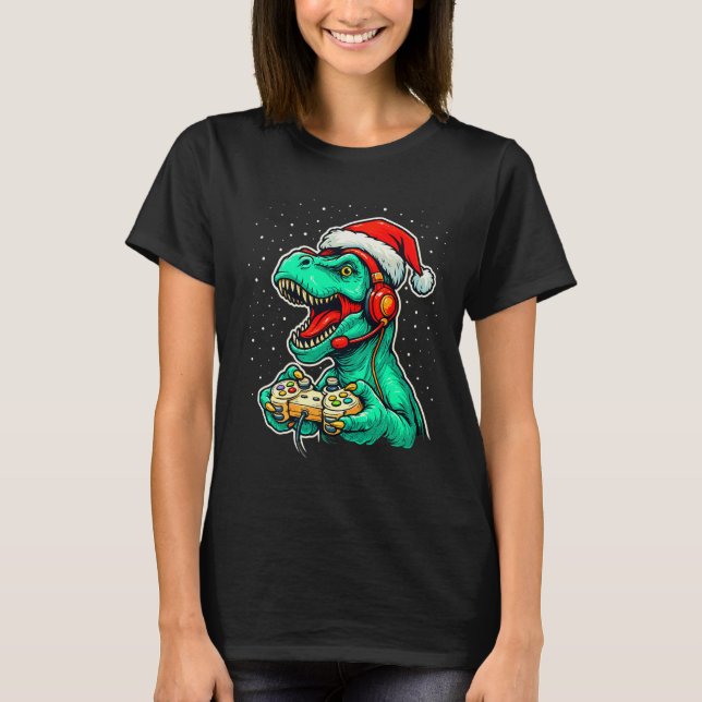 Dinosaur T Rex Playing Video Game Santa Hat Christ T-Shirt (Front)