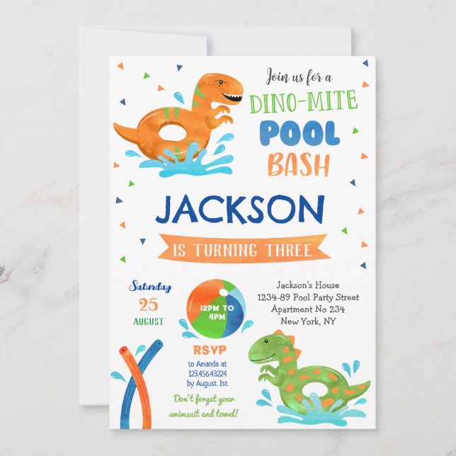Dinosaur T-rex Pool Party Birthday Invitations (Front)