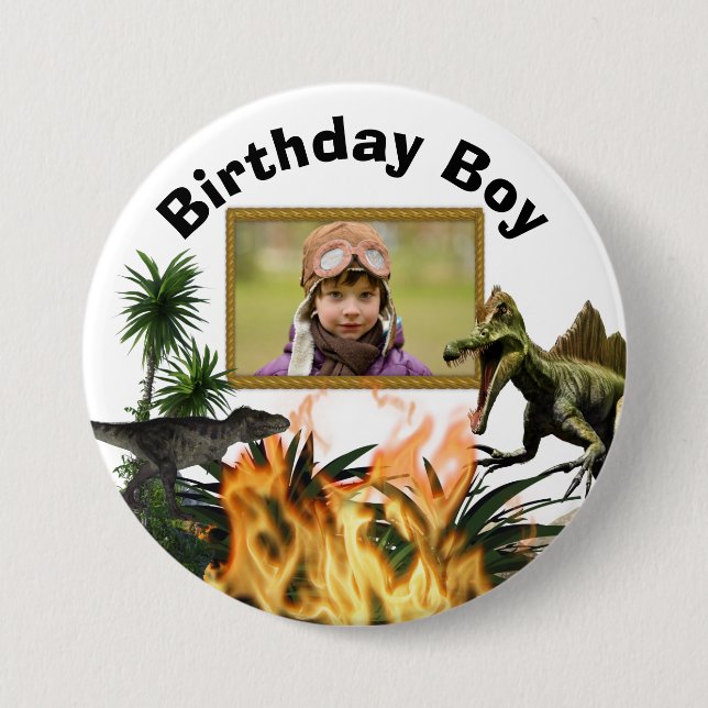 Dinosaur T-rex prehistoric photo flames boys  3 Inch Round Button (Front)