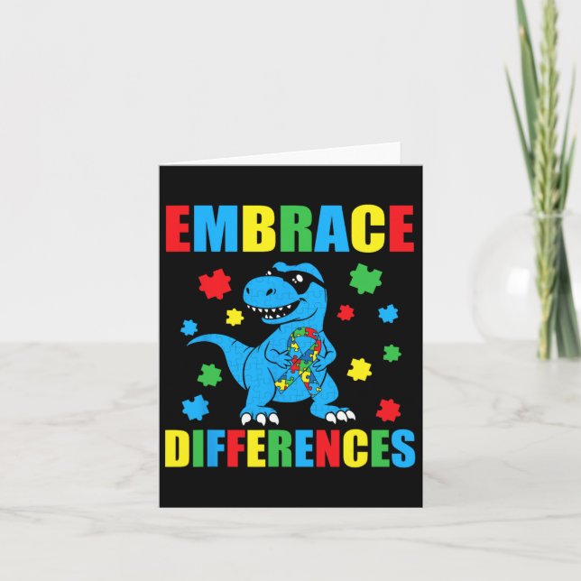 Dinosaur T-rex Puzzle Embrace Differences Autism A Card (Front)