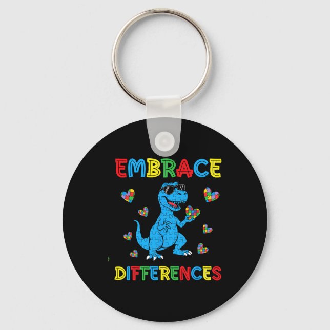 Dinosaur T-rex Puzzle Embrace Differences Autism A Keychain (Front)