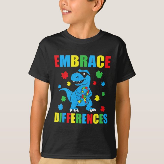 Dinosaur T-rex Puzzle Embrace Differences Autism A T-Shirt (Front)