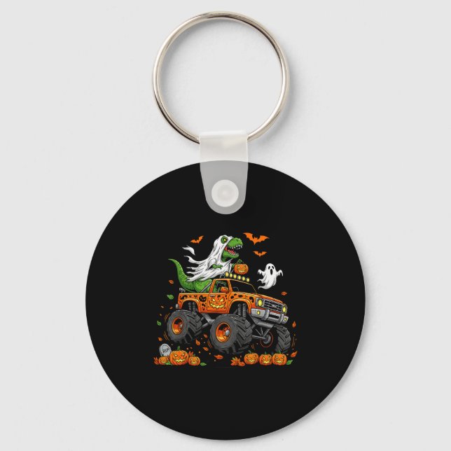 Dinosaur T-rex Riding Monster Truck Halloween Men  Keychain (Front)