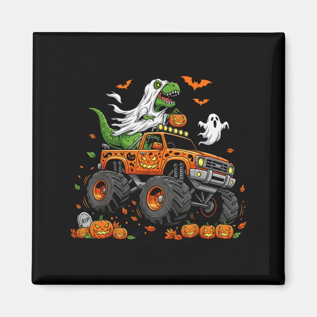 Dinosaur T-rex Riding Monster Truck Halloween Men  Magnet (Front)