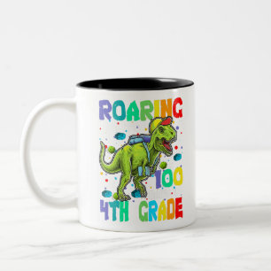 Dinosaur T-Rex Roaring Into 100 Days Of 4th grade Two-Tone Coffee Mug