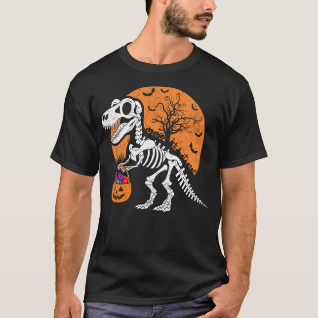 Dinosaur T rex Skeleton Halloween Pumpkin Boys Kid T-Shirt (Front)