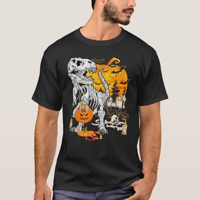 Dinosaur T Rex Skeleton Pumpkin Funny Halloween Co T-Shirt (Front)