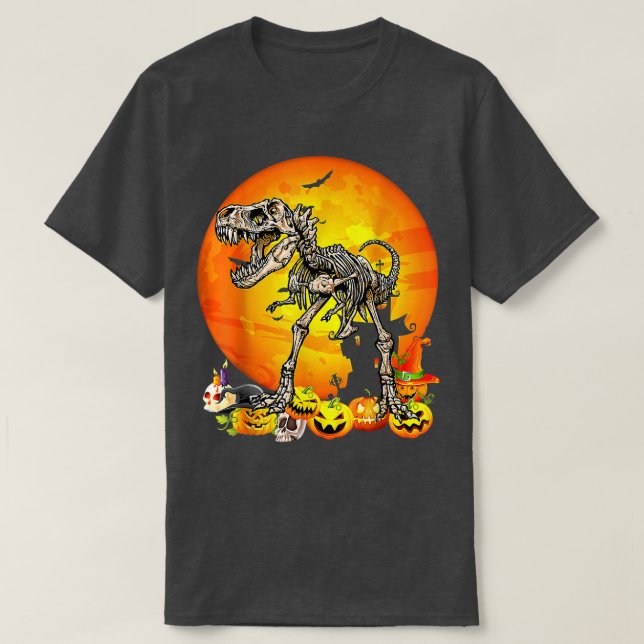Dinosaur T Rex Skeleton Pumpkin With Moon Hallowee T-Shirt (Design Front)