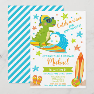 Dinosaur T-Rex Summer Beach Party Boy Birthday Invitation