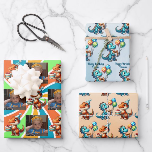 Dinosaur T-rex themed Personalized Birthday Wrapping Paper Sheet (Front)