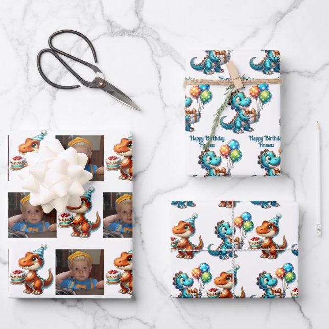 Dinosaur T-rex themed Personalized Birthday Wrapping Paper Sheet (Front)