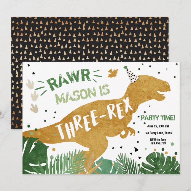 Dinosaur T-Rex Three-Rex RAWR Gold Boy Birthday Invitation (Front/Back)